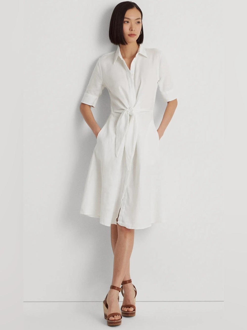 Lauren Ralph Lauren Tie-Front Linen Shirtdress. White. Size 00. NWT.